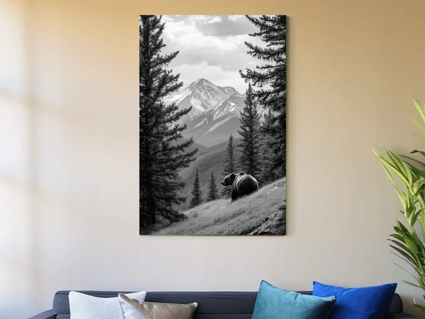 Black And White Grizzly Bear Alpine Meadow - Wilderness Nature Photography Wall Art