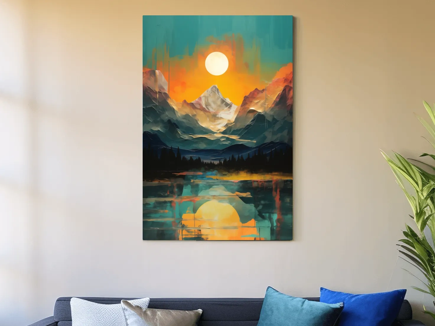 Vibrant Abstract Mountain Lake Sunset - Colorful Landscape Wall Art