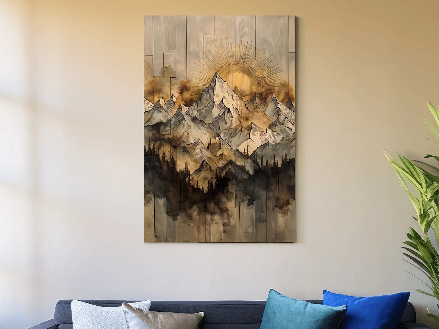 Sunrise Alpine Mountain Range Illustration - Rustic Watercolor Landscape Wall Art
