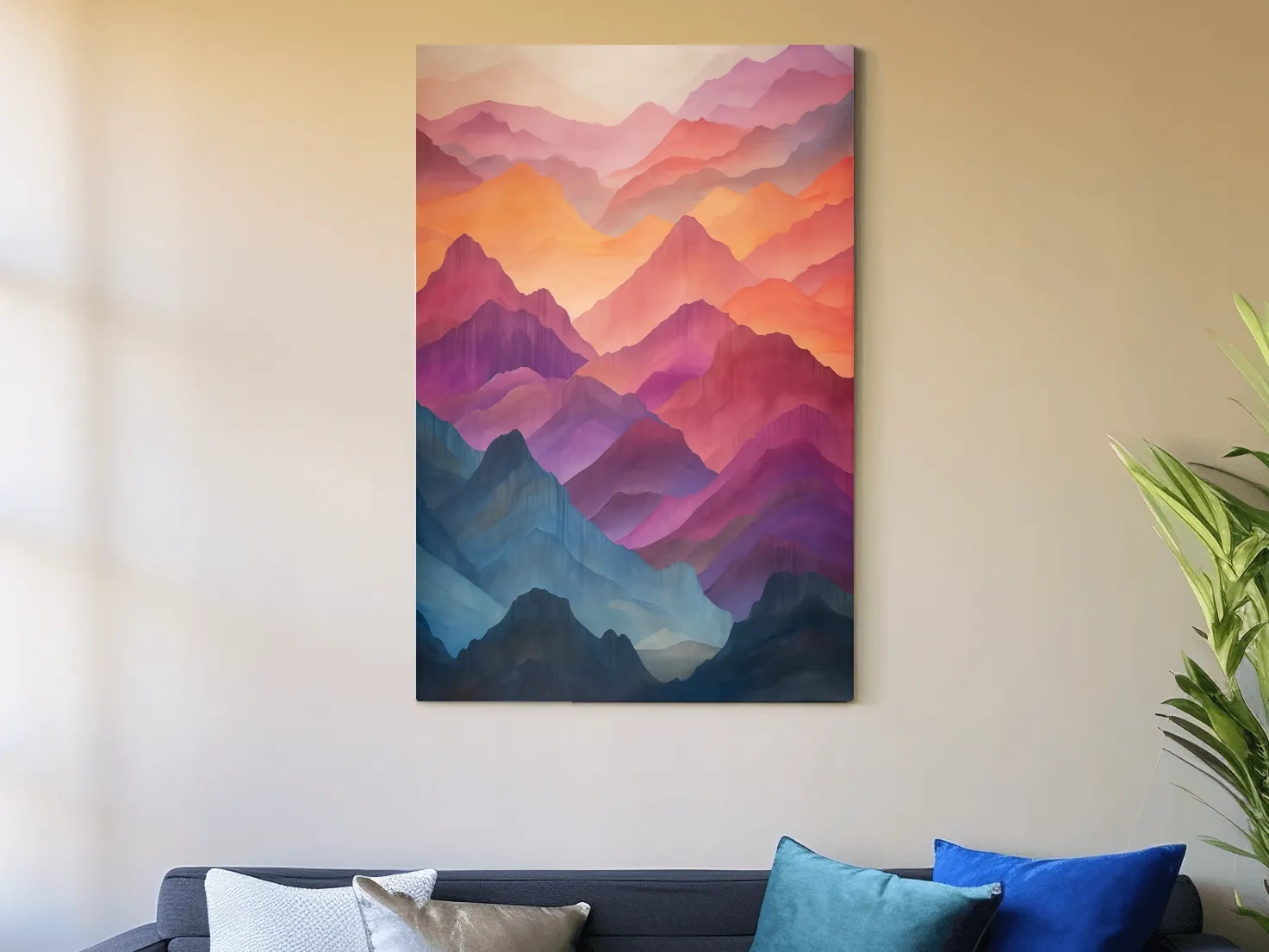 Vibrant Watercolor Layered Mountains - Abstract Sunset Landscape Wall Art