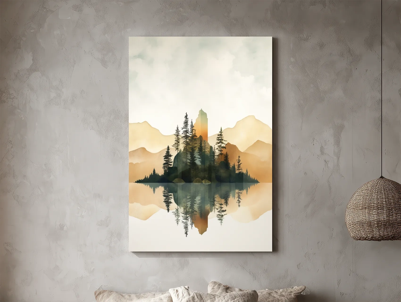 Alpine Mountain Lake Reflection Watercolor - Serene Pine Forest Wall Art