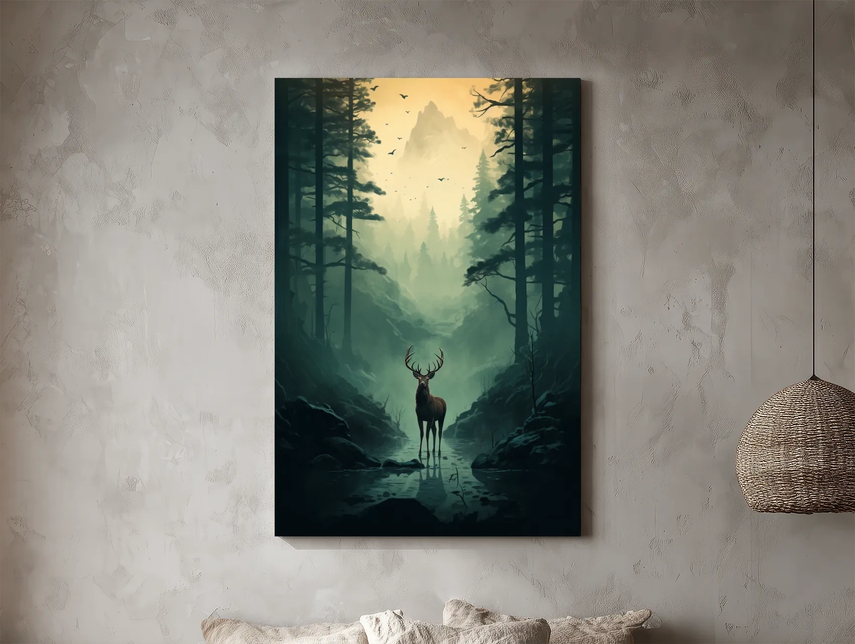 Moody Misty Forest Deer Stag Landscape - Atmospheric Wildlife Mountain Wall Art