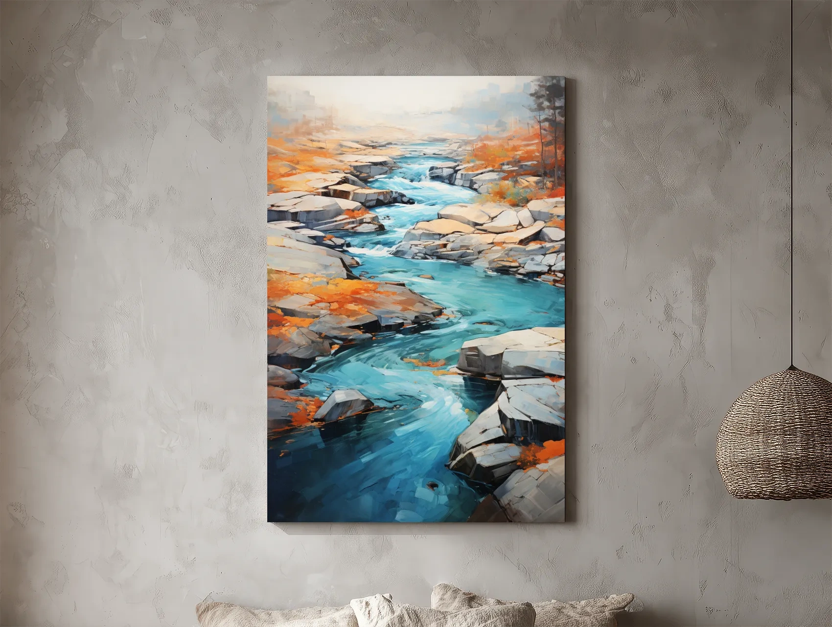 Vibrant Turquoise River Through Rocky Canyon - Modern Impressionist Landscape Wall Art