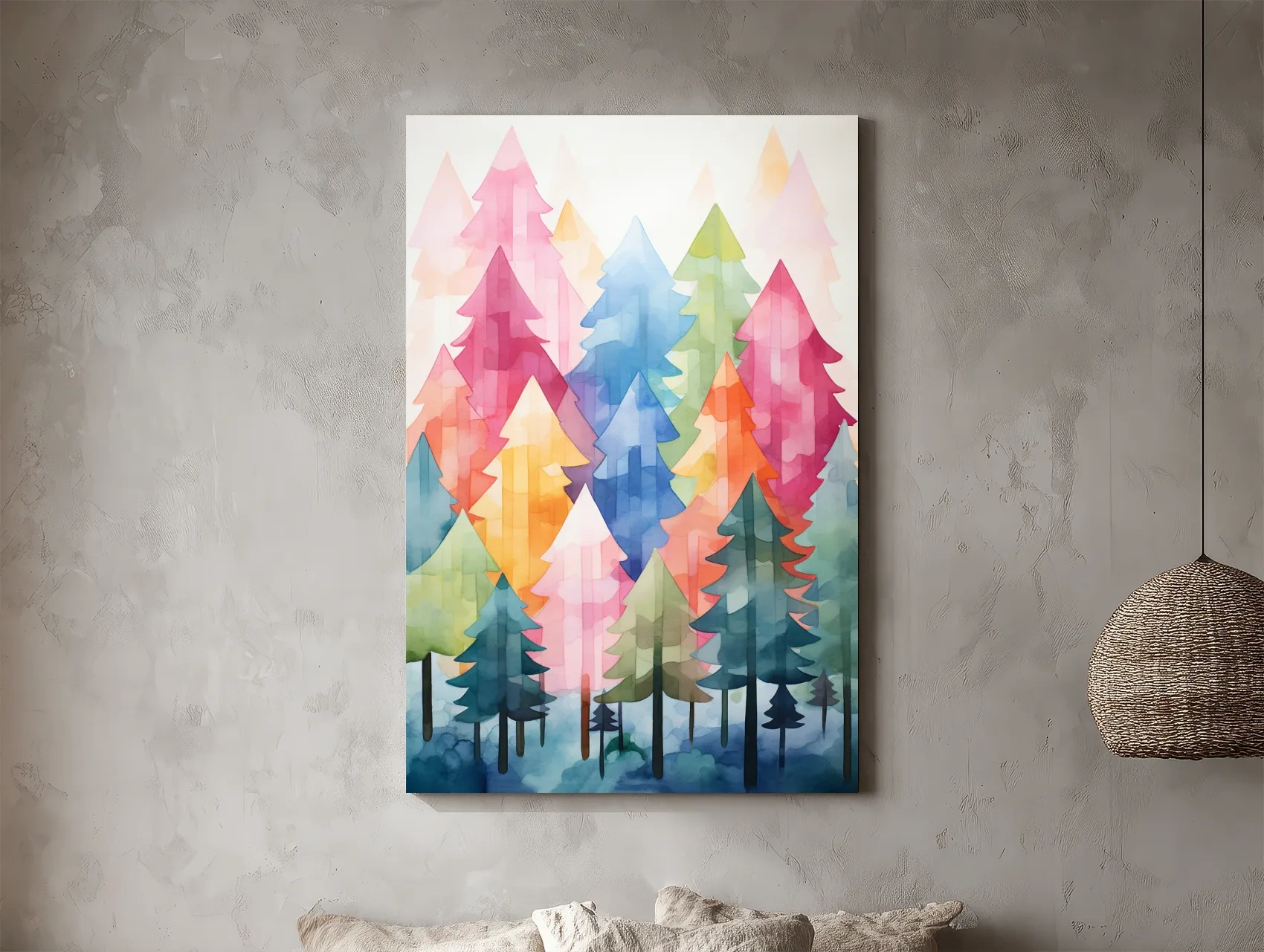 Colorful Watercolor Pine Forest Illustration - Whimsical Scandinavian Boho Wall Art