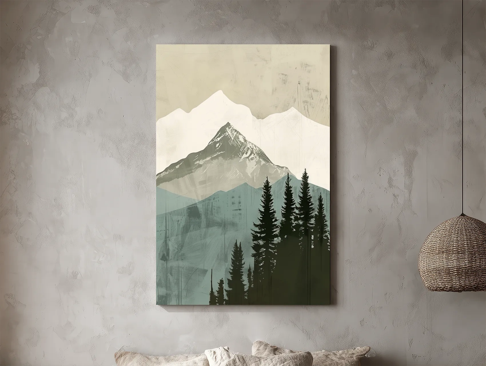 Scandinavian Mountain Peak And Pine Forest Artwork - Minimalist Landscape Wall Art