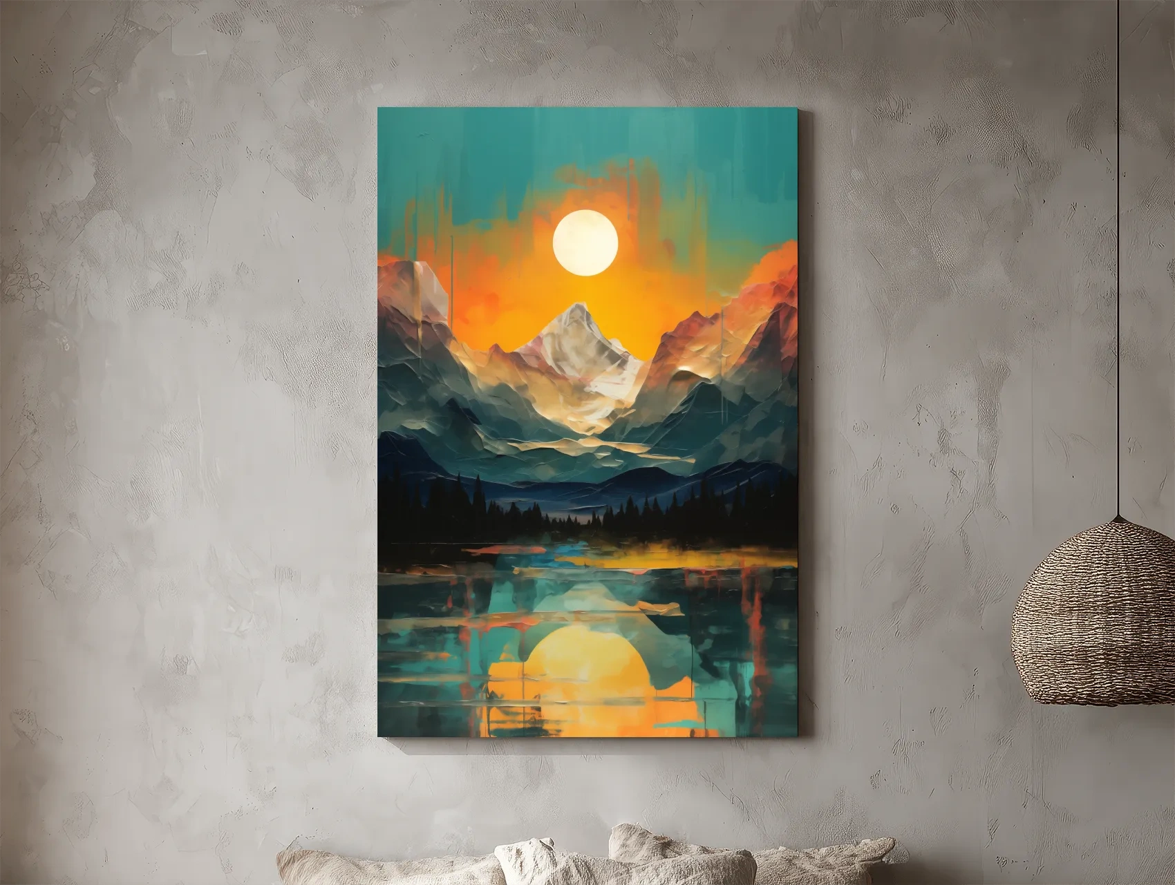 Vibrant Abstract Mountain Lake Sunset - Colorful Landscape Wall Art