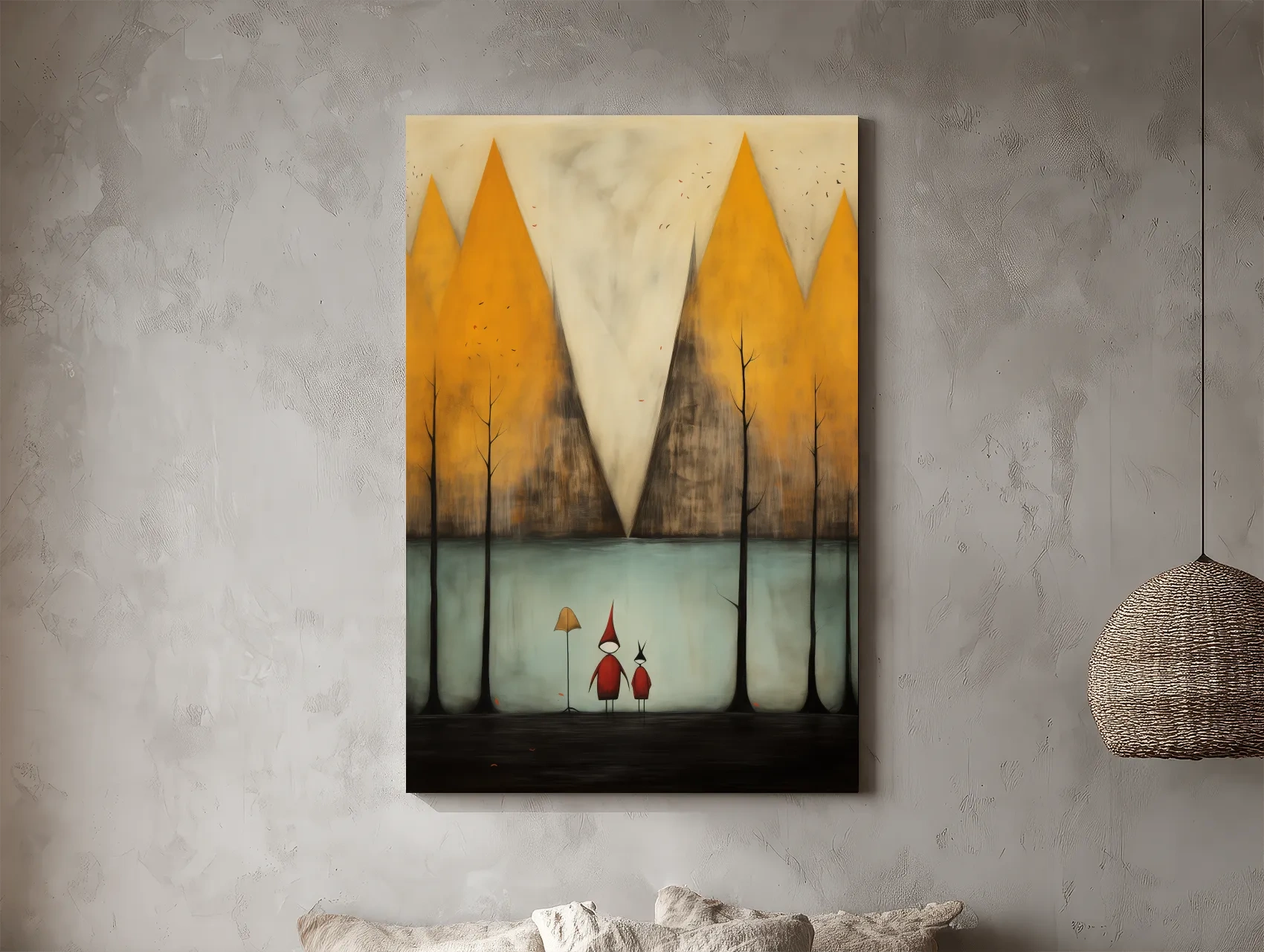 Whimsical Mountain Lake Scene Painting - Storybook Landscape Wall Art
