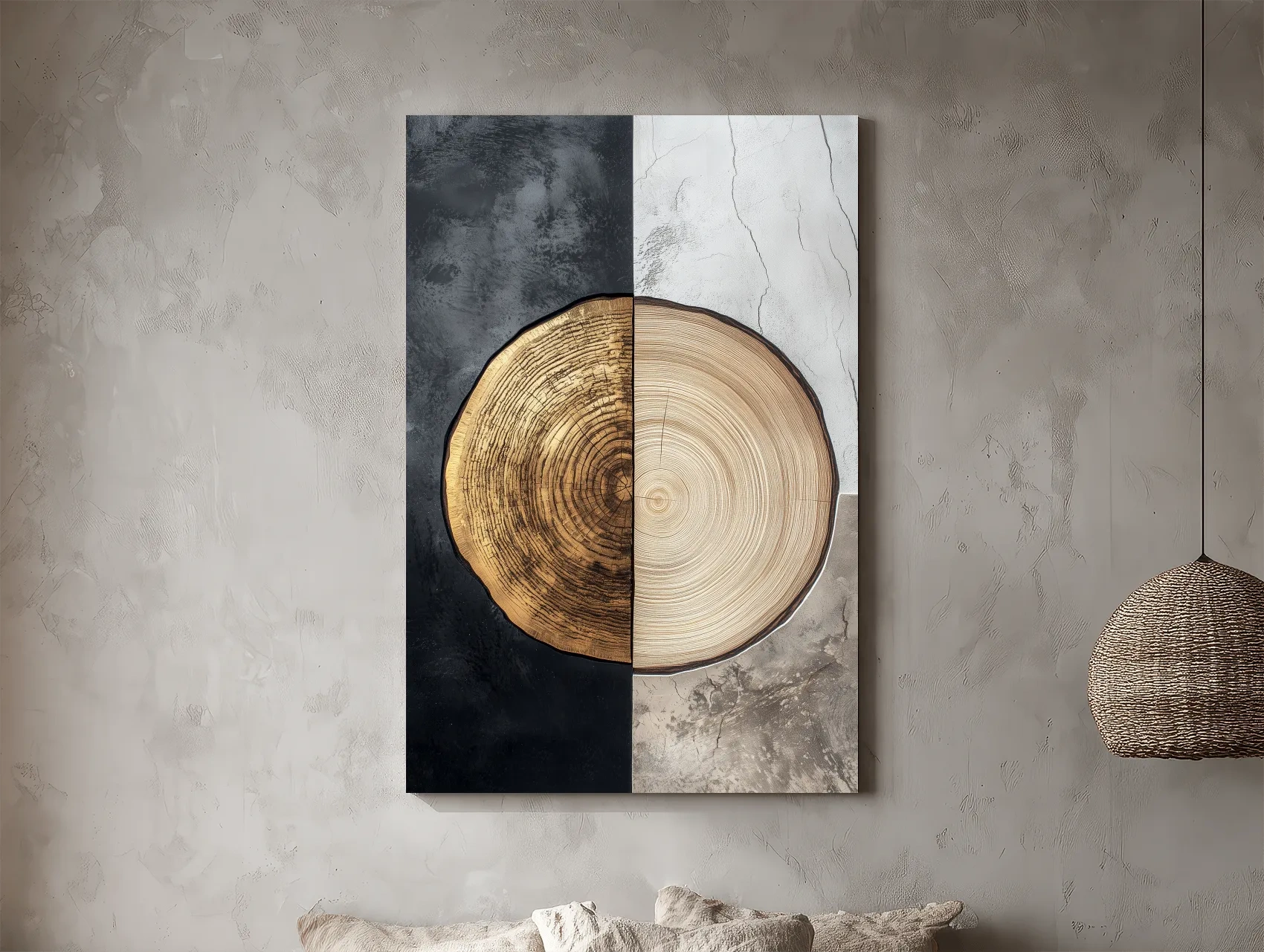 Split Marble And Charcoal Wood Slice - Modern Rustic Tree Ring Wall Art