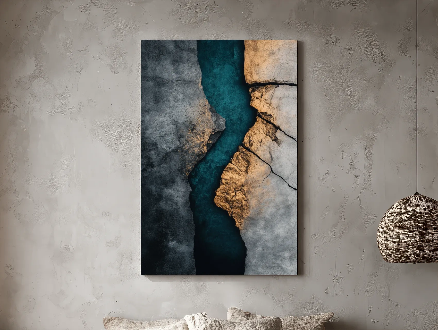 Teal River Canyon With Cracked Stone Texture - Modern Abstract Geode Wall Art