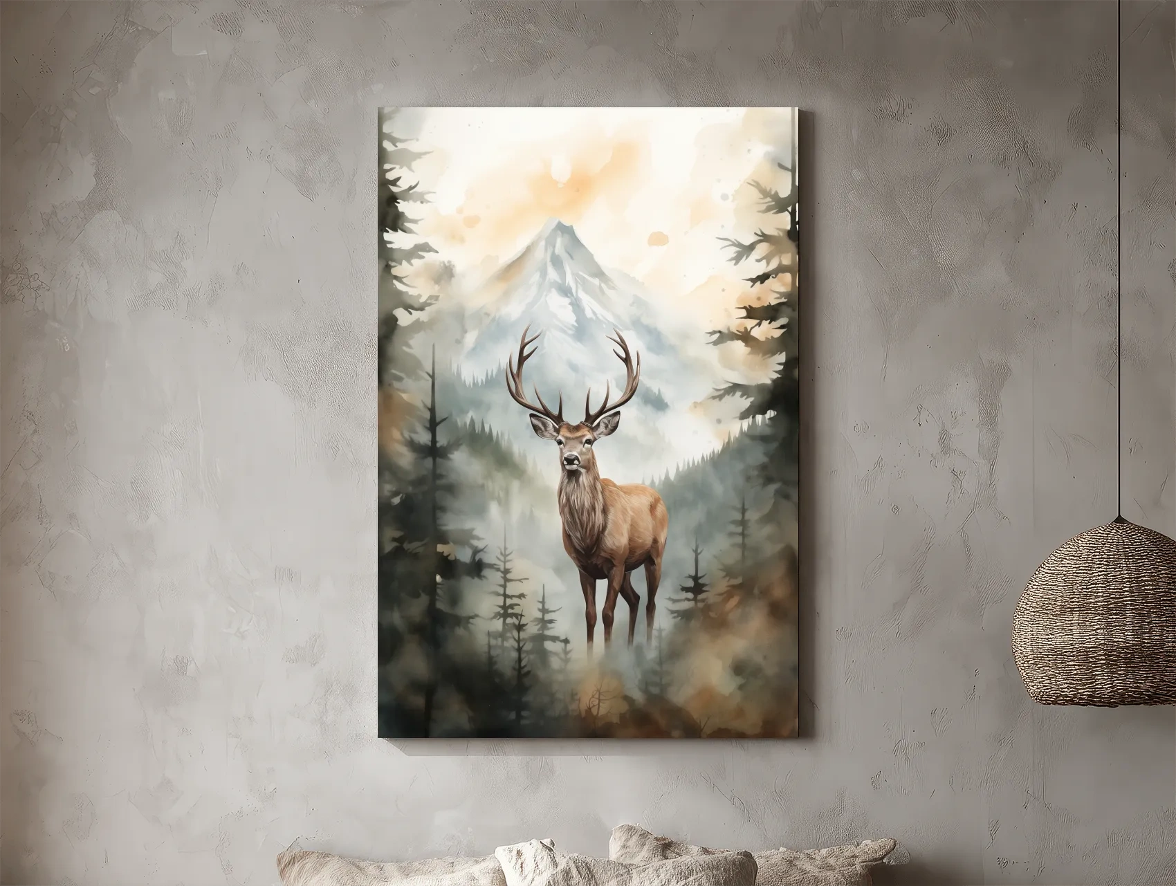 Watercolor Stag In Misty Mountain Forest - Serene Wildlife Wall Art