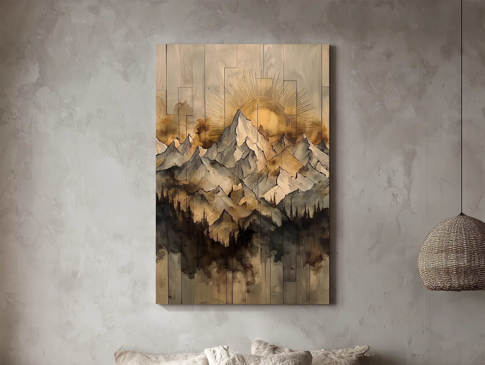 Sunrise Alpine Mountain Range Illustration - Rustic Watercolor Landscape Wall Art