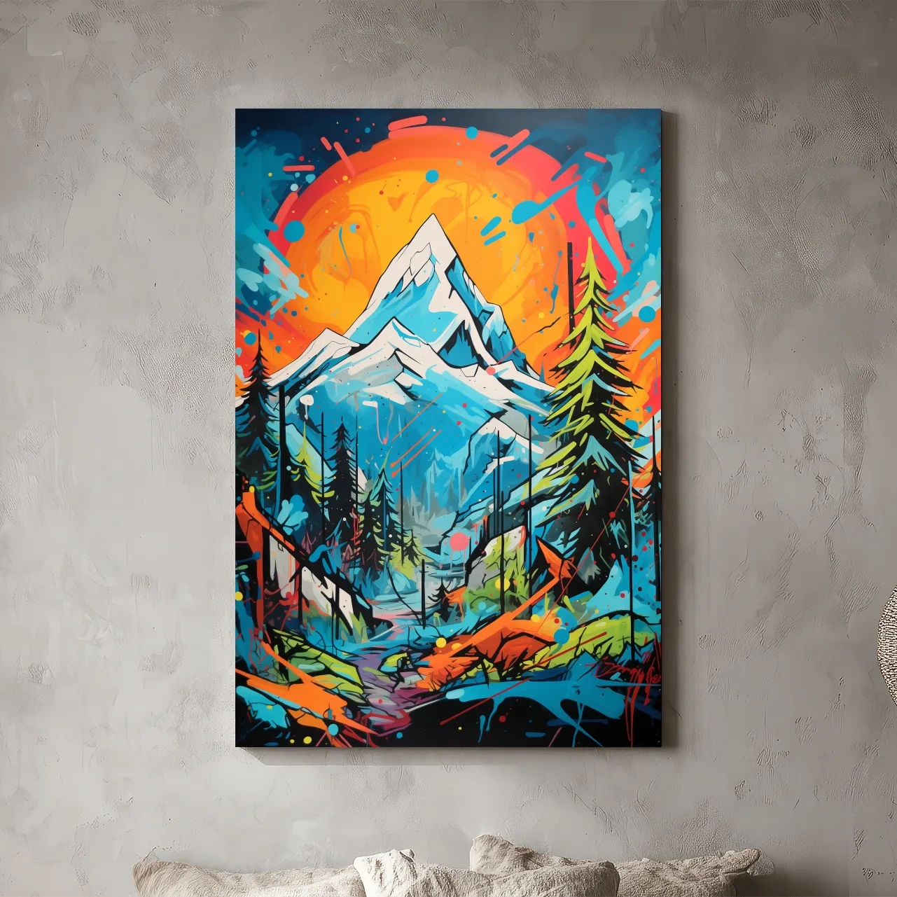 Vibrant Abstract Mountain Sunset Graffitti Painting - Colorful Pop Art Alpine Wall Art