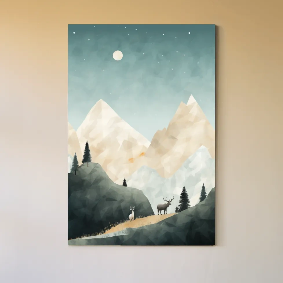 Mountain Deer Landscape Illustration - Minimalist Alpine Forest Wildlife Wall Art
