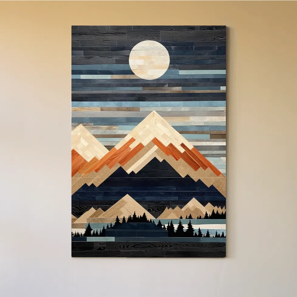 Geometric Wood Mosaic Mountain Range Under Full Moon - Modern Rustic Landscape Wall Art
