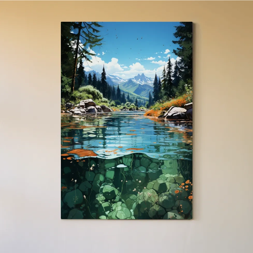Crystal Clear Alpine River Landscape Illustration - Vibrant Mountain Forest Artwork