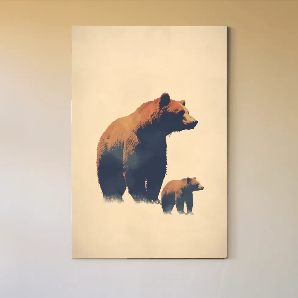 Minimalist Grizzly Bear Mother And Cub Artwork - Neutral Wildlife Wall Art