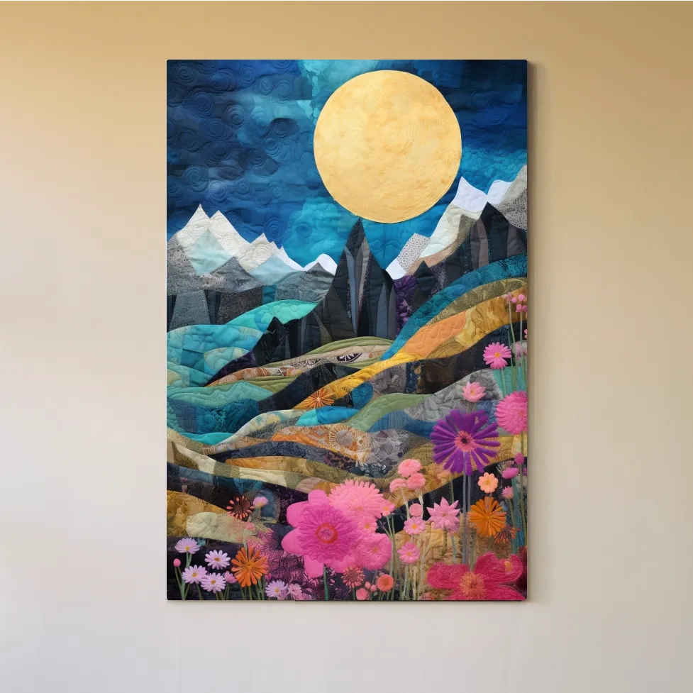 Quilted Wildflower Mountain Landscape - Colorful Patchwork Textile Style Wall Art