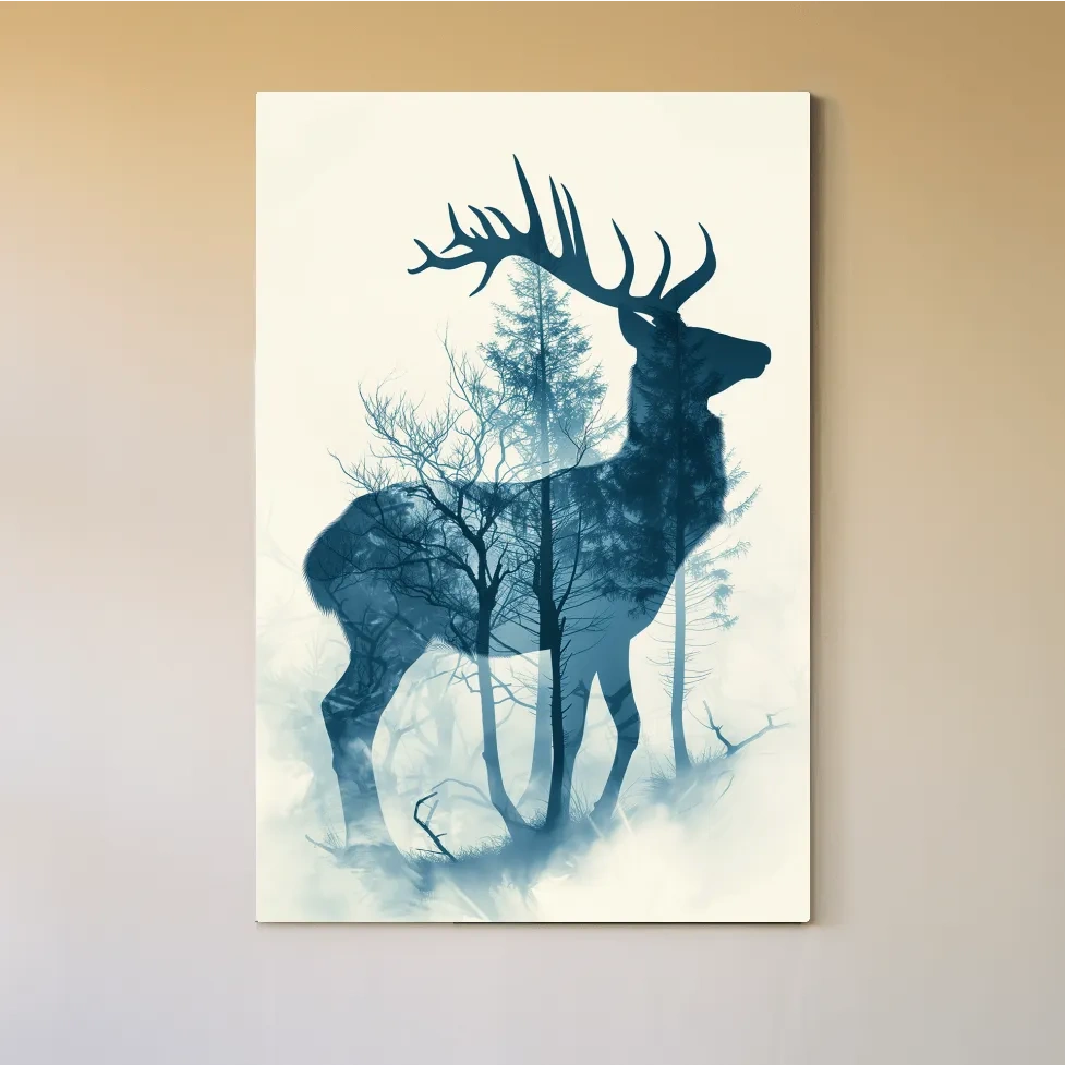 Moody Double Exposure Stag Silhouette - Misty Forest Wildlife Wall Art