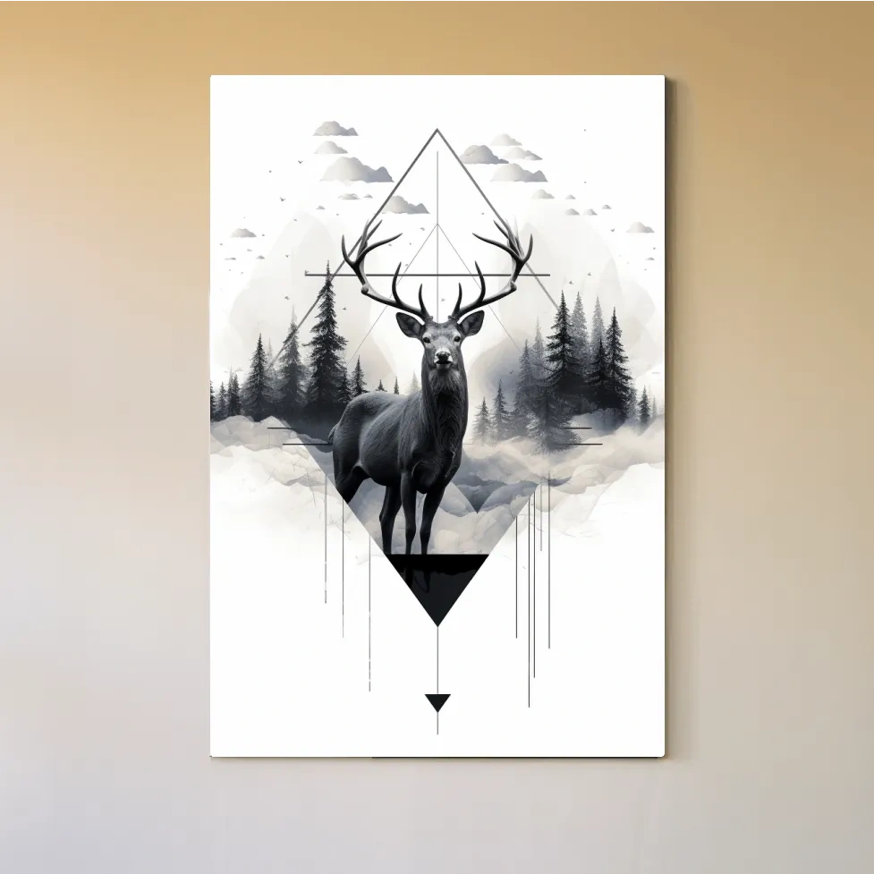 Geometric Monochrome Stag In Misty Pines - Tattoo Inspired Wildlife Wall Art