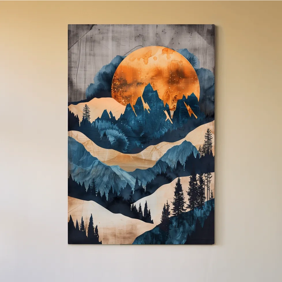 Moody Abstract Mountain Sunset - Forest Watercolor Wall Art