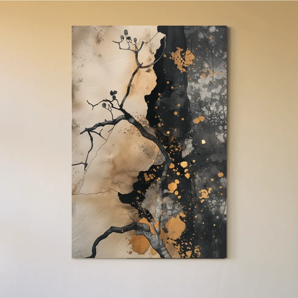 Ink Branch Silhouette With Gold Splatter - Modern Japandi Abstract Wall Art