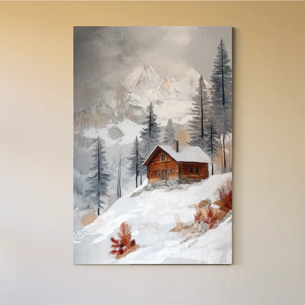 Snowy Mountain Cabin Landscape Painting - Rustic Winter Wilderness Wall Art