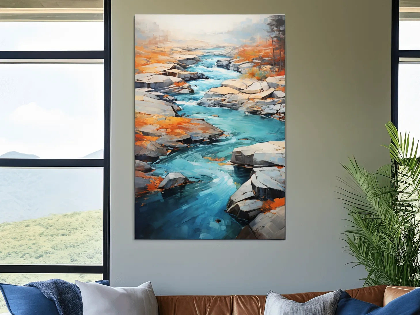 Vibrant Turquoise River Through Rocky Canyon - Modern Impressionist Landscape Wall Art