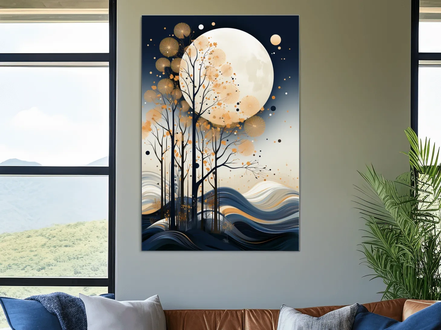 Abstract Moonlit Forest Silhouette - Elegant Boho Landscape Wall Art