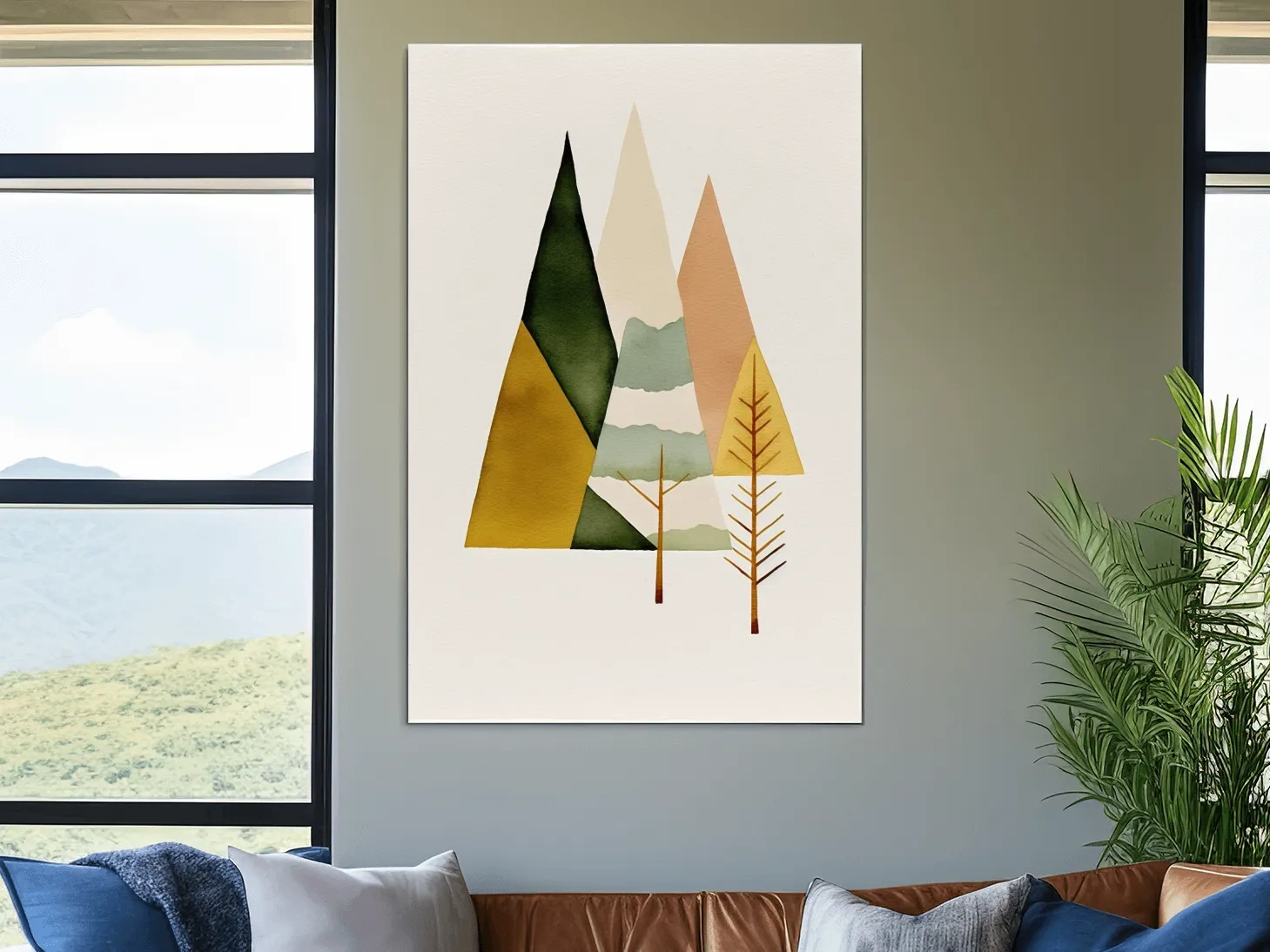 Minimalist Scandinavian Geometric Mountains - Modern Watercolor Forest Landscape Wall Art
