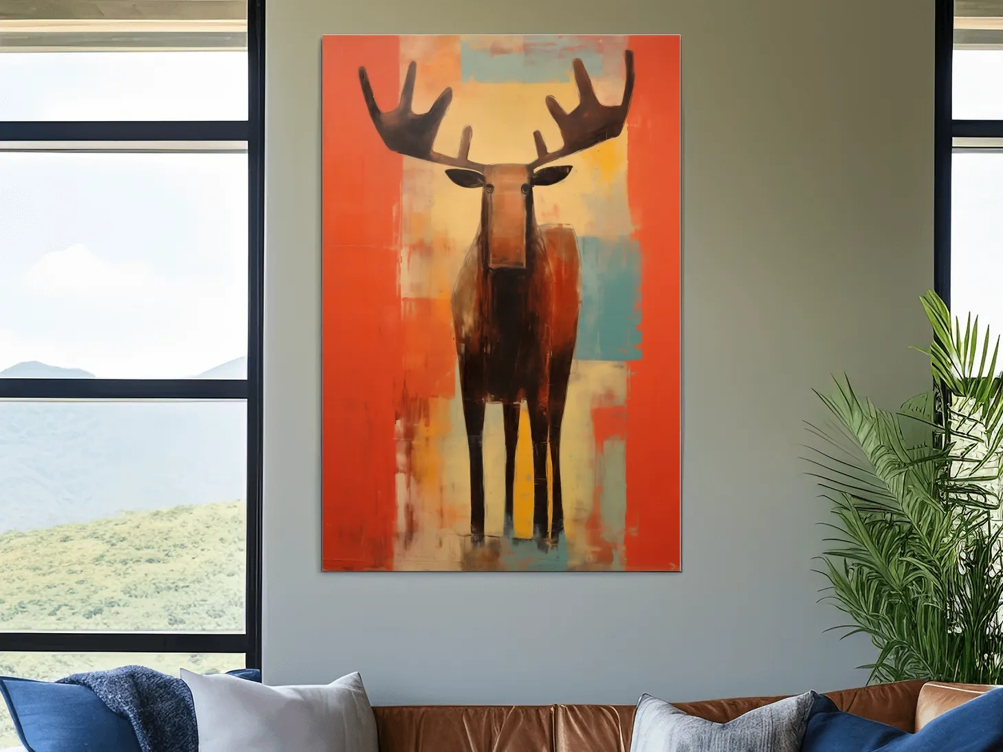 Expressionist Abstract Moose Portrait Painting - Vibrant Rustic Wildlife Wall Art