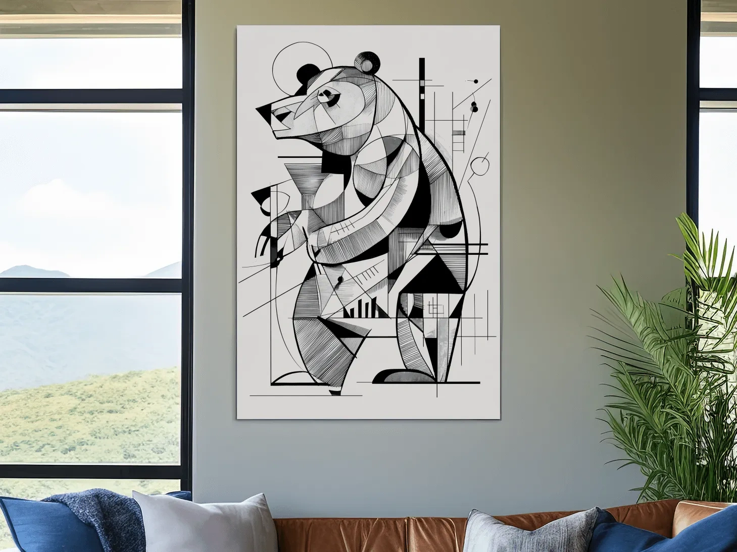 Cubism Abstract Bear Artwork - Modern Black And White Wildlife Wall Art