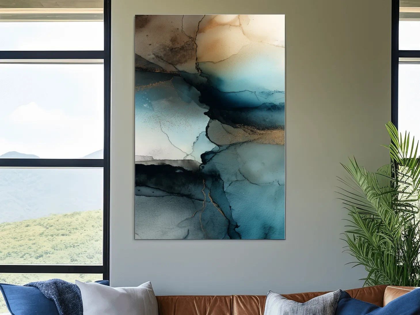 Moody Teal Ink Wash Abstract - Alcohol Ink Style Mountain Wall Art