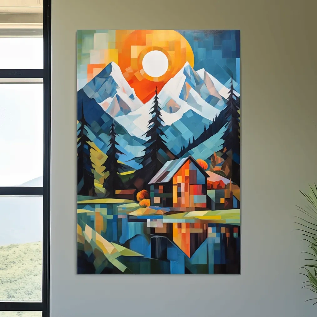 Geometric Alpine Cabin Lake Sunset - Vibrant Impressionist Mountain Wall Art