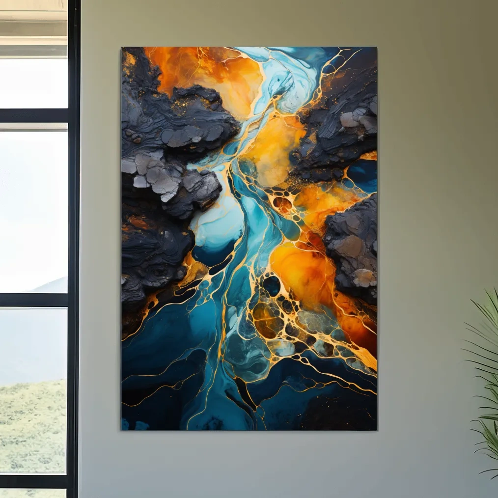 Elegant Gold And Teal Abstract Flowinf River - Alcohol Ink Style Wall Art