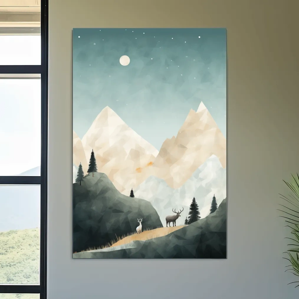 Mountain Deer Landscape Illustration - Minimalist Alpine Forest Wildlife Wall Art