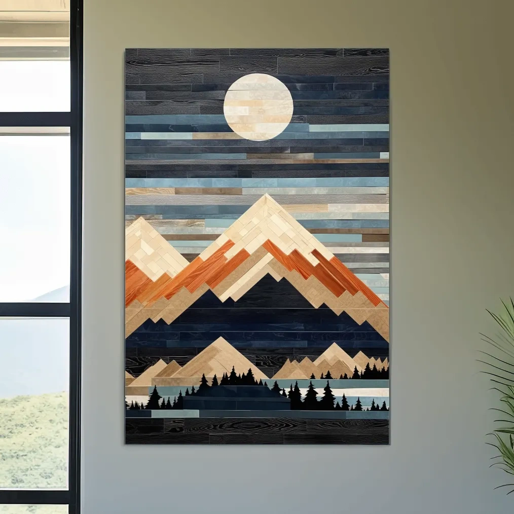 Geometric Wood Mosaic Mountain Range Under Full Moon - Modern Rustic Landscape Wall Art