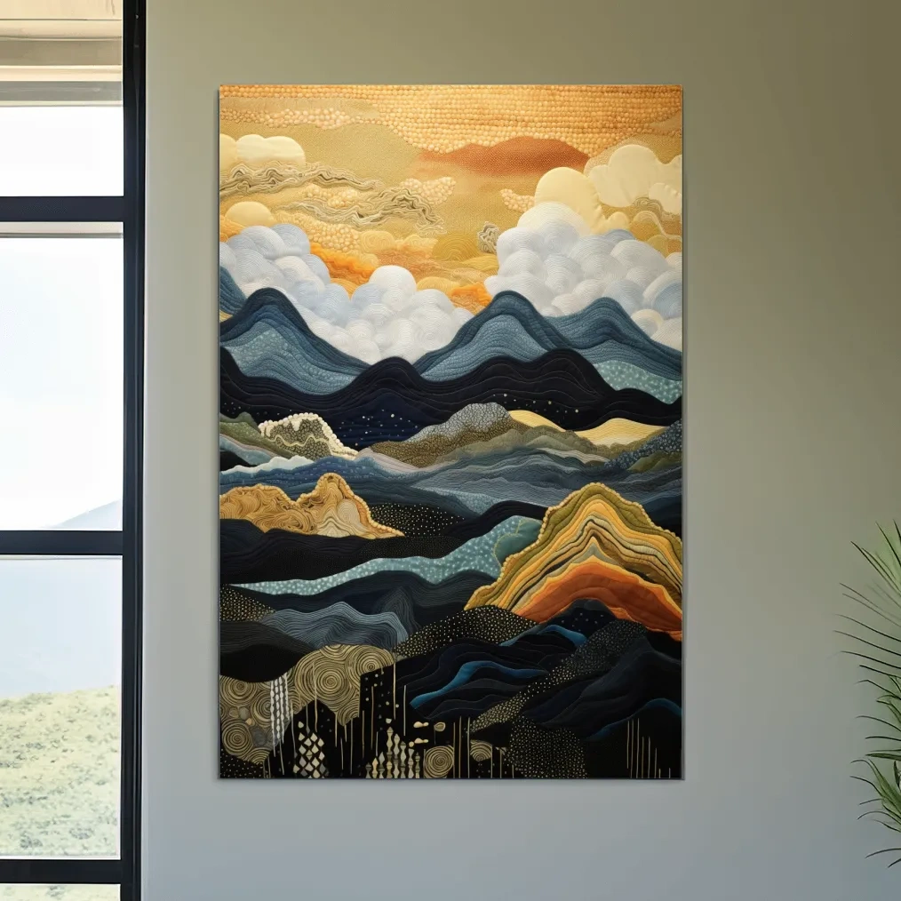 Layered Tapestry Mountain Range Sunrise - Abstract Mixed Media Landscape Wall Art