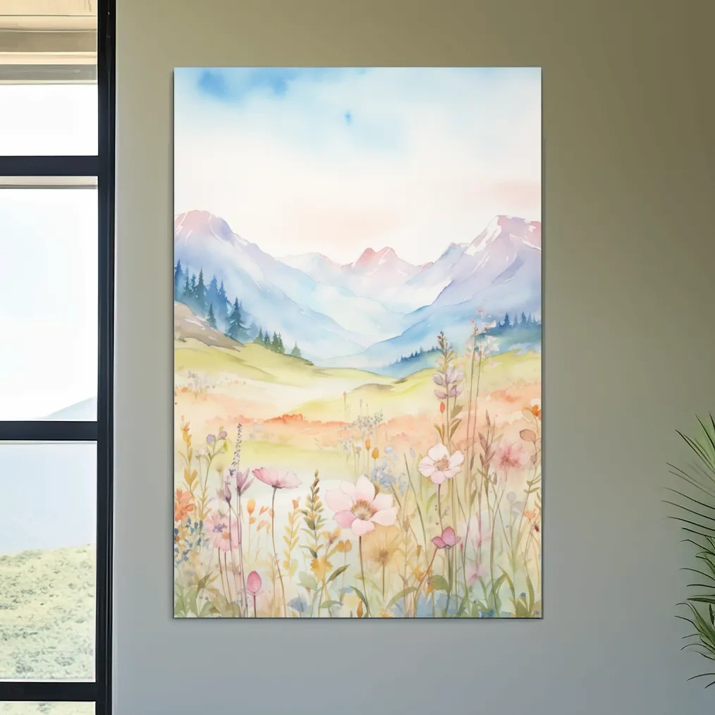 Pastel Watercolor Wildflower Meadow Mountains - Serene Floral Alpine Wall Art