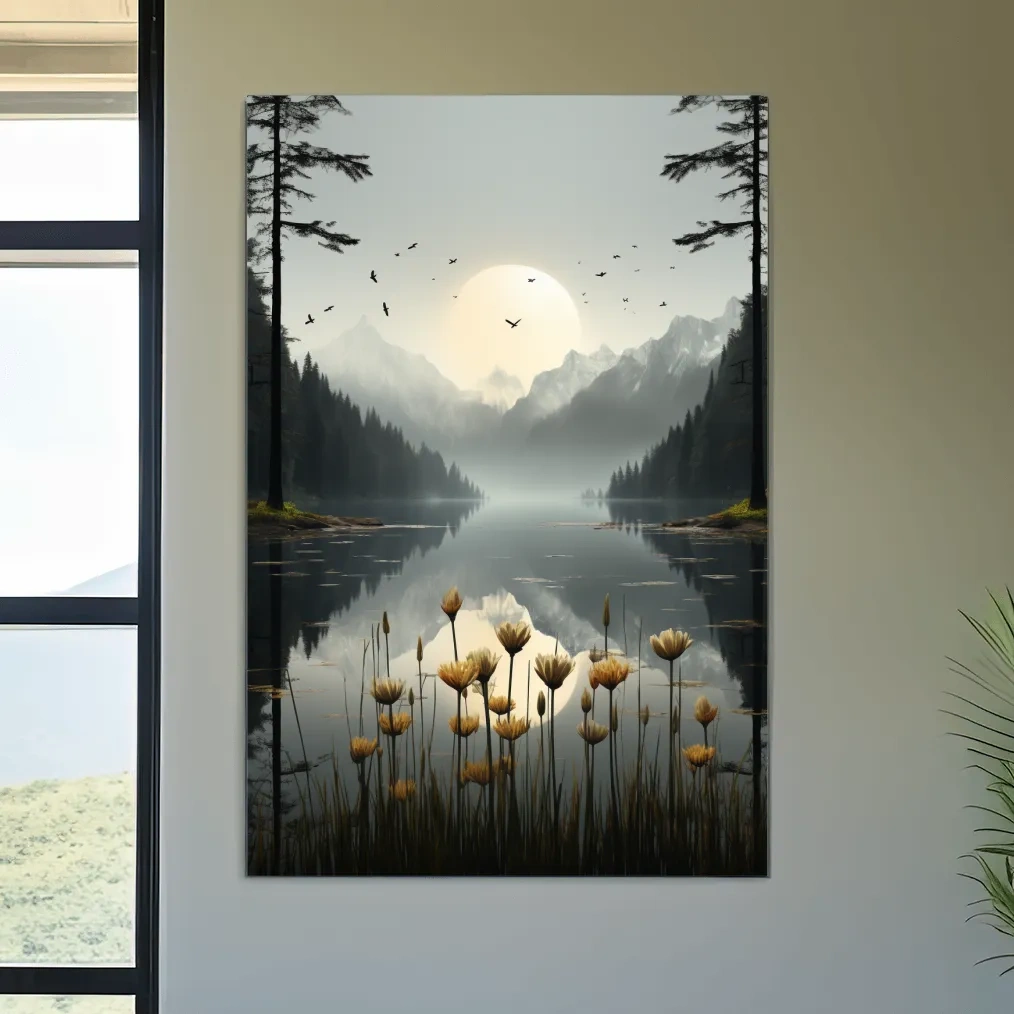 Misty Alpine Lake Sunrise With Wildflowers - Serene Mountain Landscape Wall Art