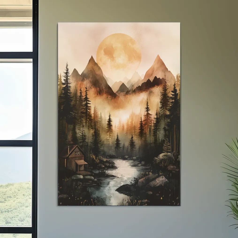 Misty Mountain River Cabin Watercolor - Rustic Forest Wall Art
