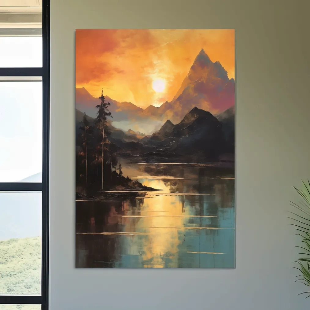 Golden Sunset Alpine Lake Reflection - Mountain Oil Painting Wall Art
