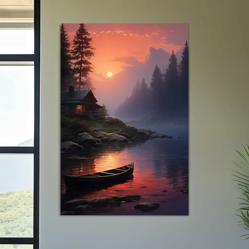 Lakeside Cabin Sunset Landscape - Cinematic Mountain Lake Wall Art