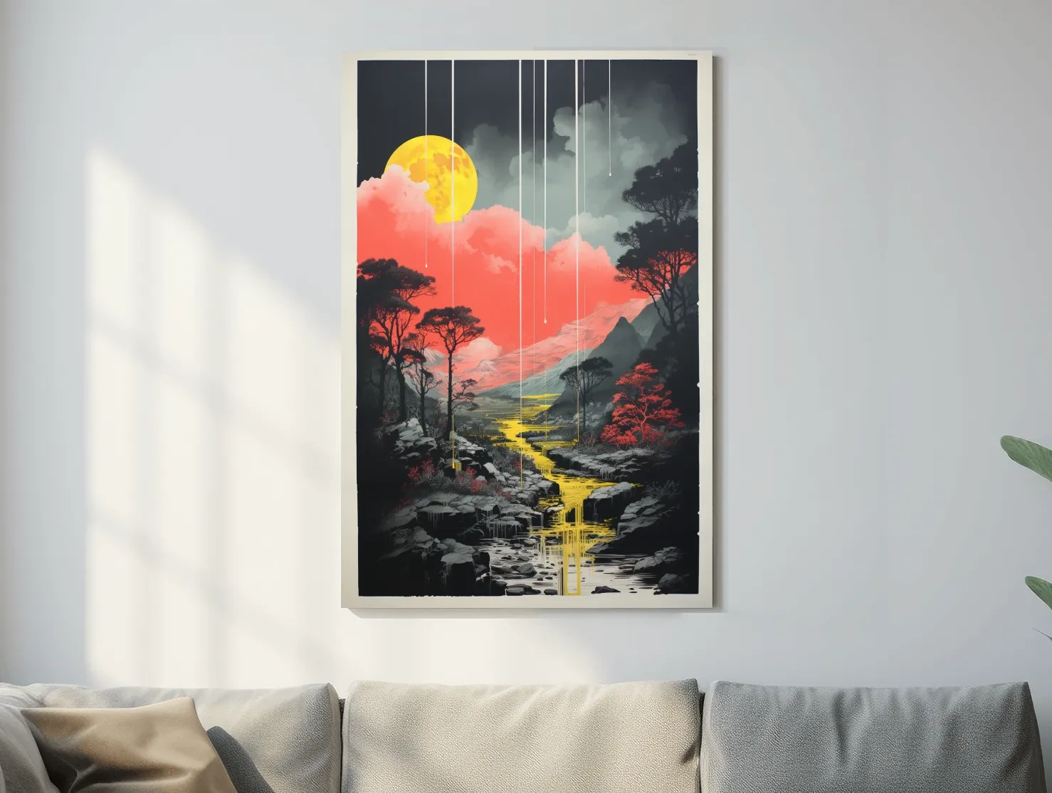 Surreal Moonlit Mountain River Landscape - Fantasy Nature Wall Art