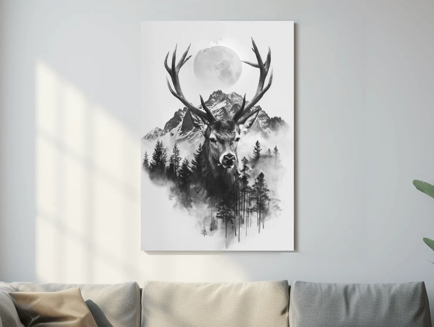 Monochrome Stag Glacier Moon Drawing - Double Exposure Wildlife Wall Art