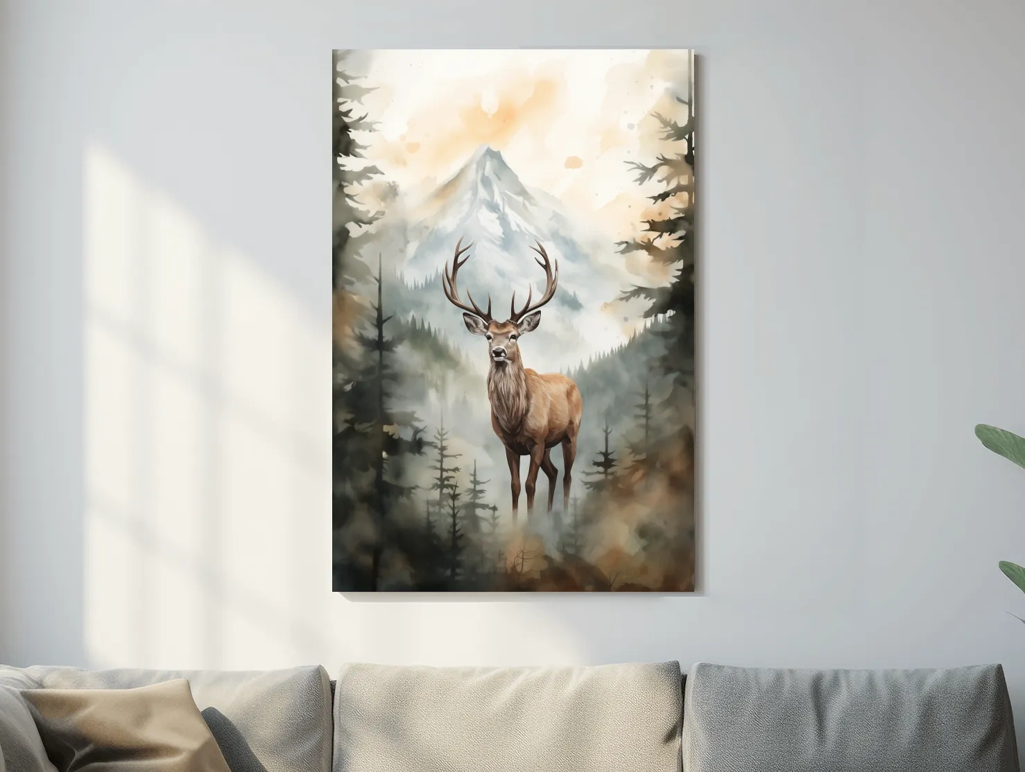 Watercolor Stag In Misty Mountain Forest - Serene Wildlife Wall Art