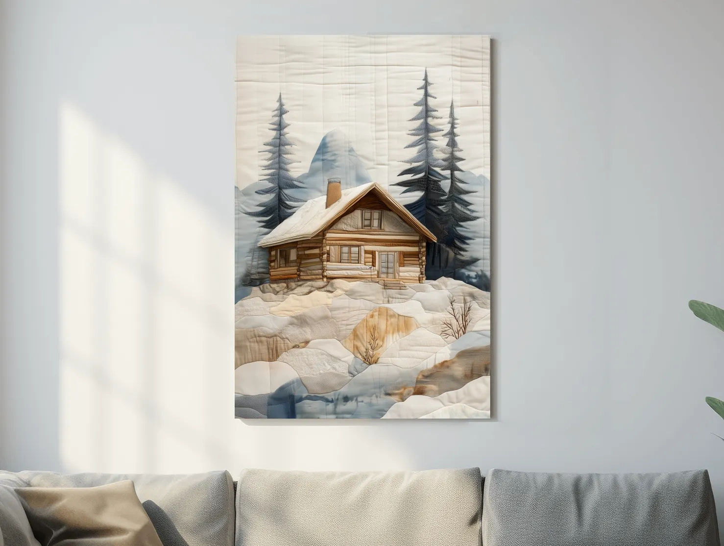 Rustic Winter Cabin In Snowy Pines - Textured Patchwork Fabric Effect Wall Art