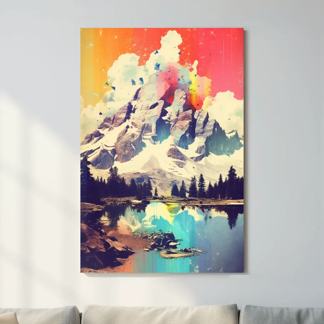 Vibrant Abstract Mountain Lake Painting - Colorful Alpine Landscape Wall Art