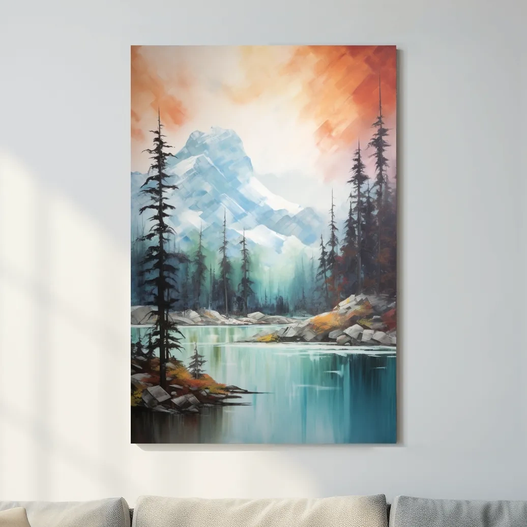 Turquoise Alpine Lake & Pine Forest Sunset Watercolor - Serene Mountain Landscape Wall Art