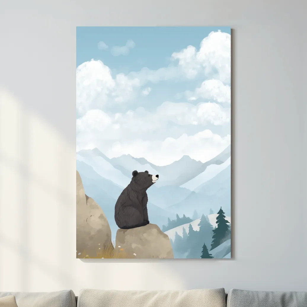 Whimsical Black Bear Mountain Landscape Illustration - Cute Animal Nursery Wall Art