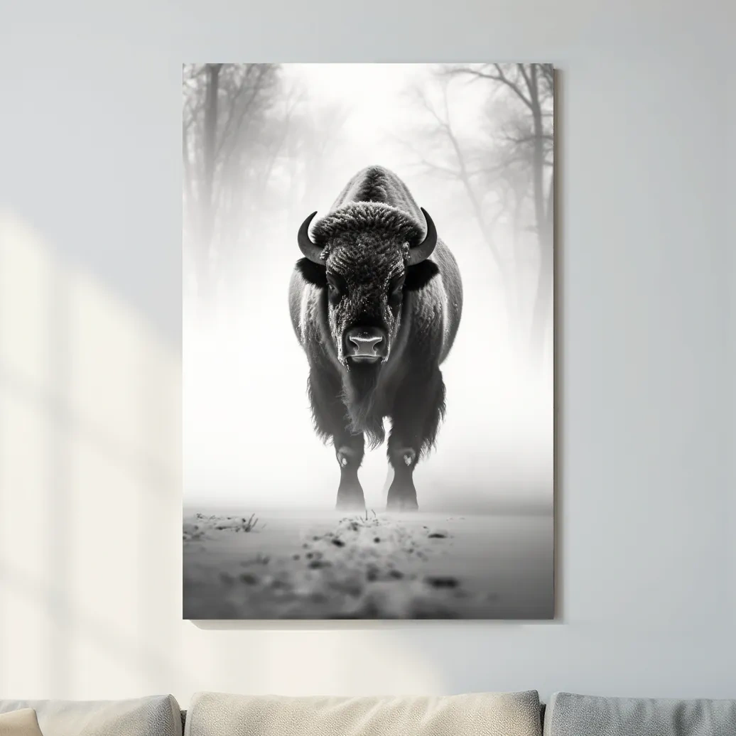 Moody Black And White Bison Portrait - Foggy Winter Wildlife Wall Art